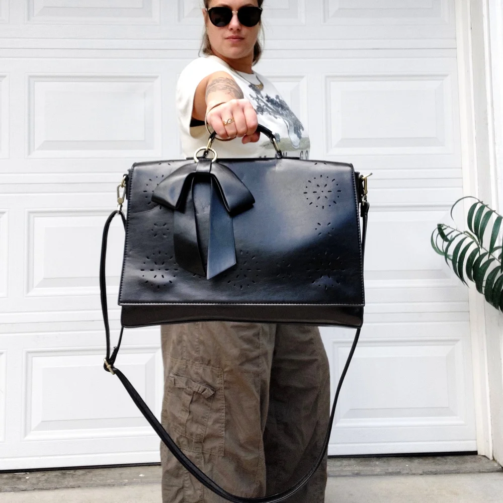 Black Laptop Bag with Decorative Bow - Women Bags Laptop Bags